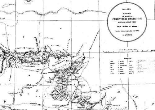 Fig. 10: Map of Nain Singh's survey in Tibet — Lhasa section. Source: Records of Survey of India