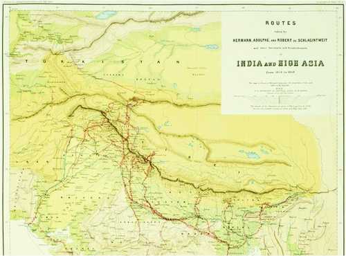Fig. 12: ‘Routes followed by Messrs. de Schlagintweit and their Establishments’ in Schlagintweit (1861: C. Maps) Atlas volume